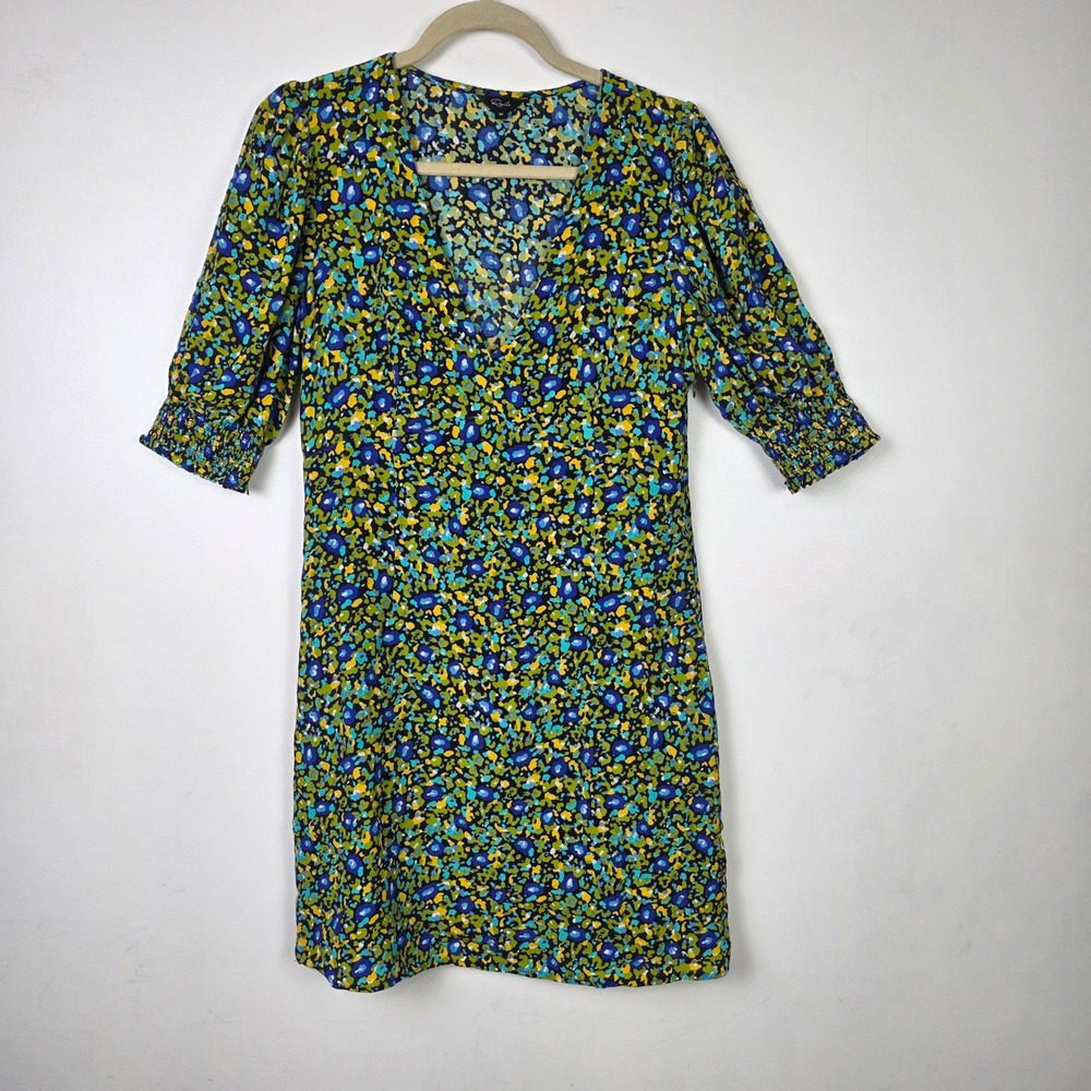Rails Roma Abstract Garden Floral Shift Dress Blue Green V-Neck Smocked Medium